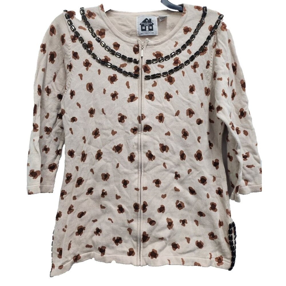 Storybook Knits Womens Cardigan Small Beige Beaded Spotted 3/4 Sleeve Preppy